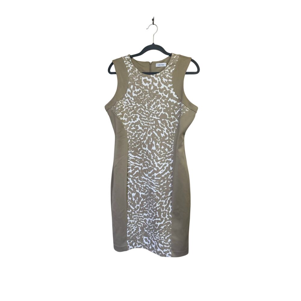 CALVIN KLEIN SIZE 10 TAUPE ANIMAL PRINT COLORBLOCK SLEEVELESS SHEATH DRESS